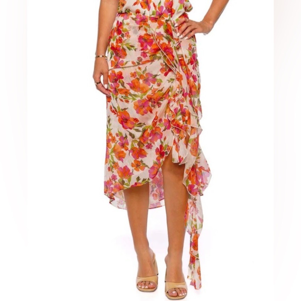 MISA Los Angeles Floral Wrap Midi Skirt Ruffle Asymmetrical XS
